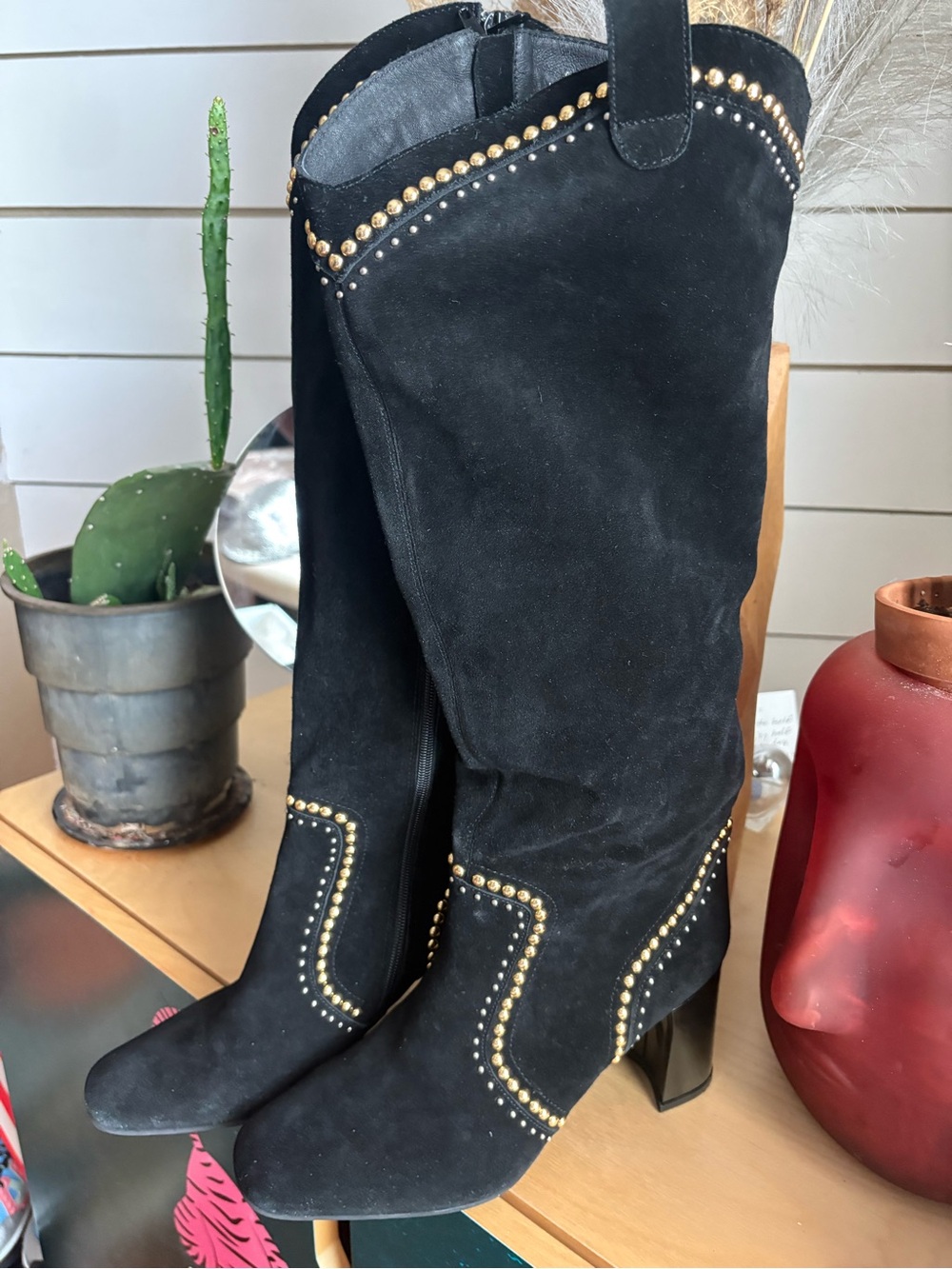 Free People / Jeffrey Campbell Black Suede Over-the-Knee Boots with Gold Studs